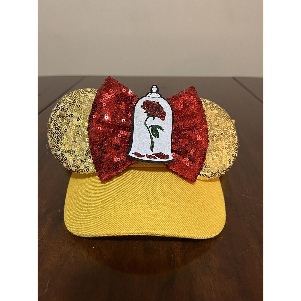 Disney Style Minnie Mouse Yellow Belle Visor Sequin Ears W/ Rose for Adults